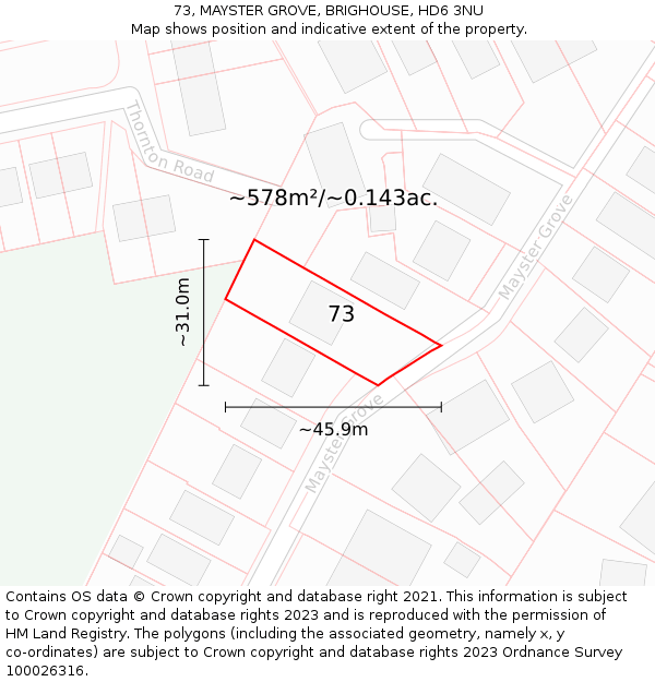 73, MAYSTER GROVE, BRIGHOUSE, HD6 3NU: Plot and title map