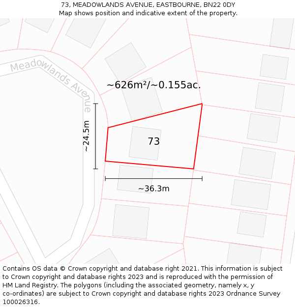 73, MEADOWLANDS AVENUE, EASTBOURNE, BN22 0DY: Plot and title map