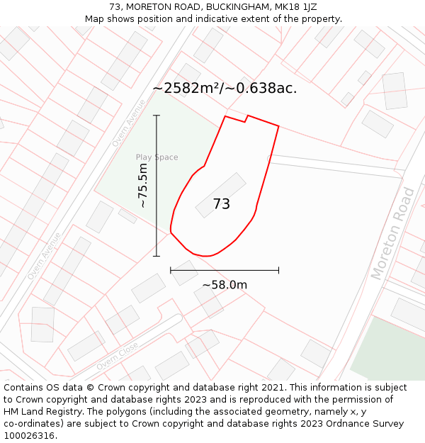 73, MORETON ROAD, BUCKINGHAM, MK18 1JZ: Plot and title map