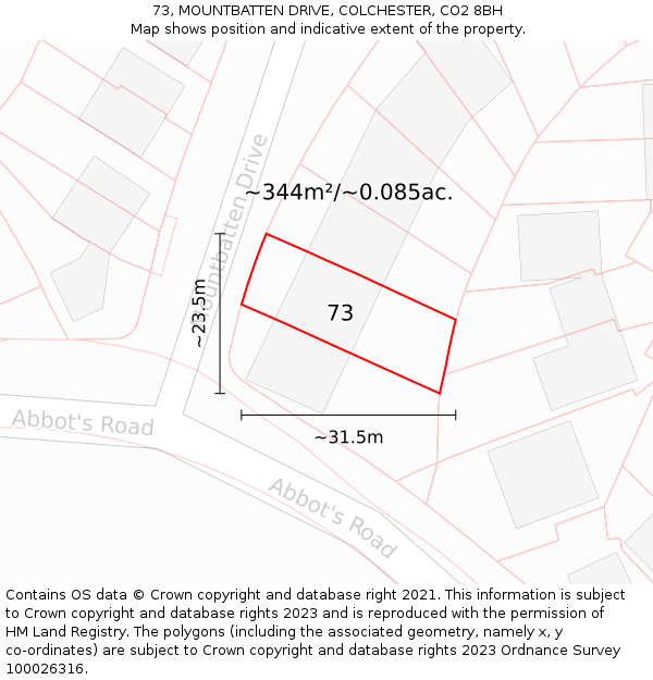 73, MOUNTBATTEN DRIVE, COLCHESTER, CO2 8BH: Plot and title map