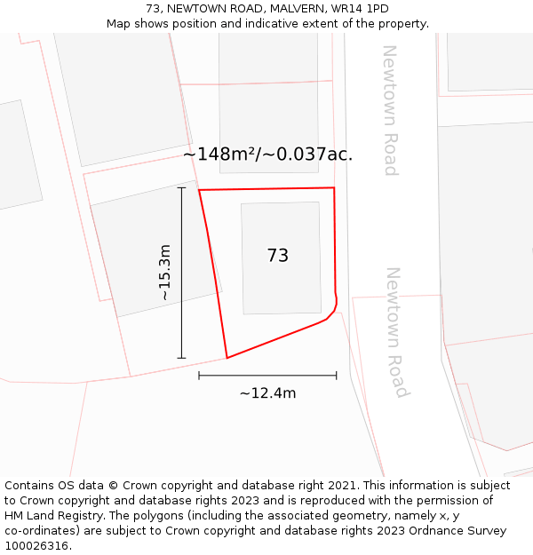 73, NEWTOWN ROAD, MALVERN, WR14 1PD: Plot and title map