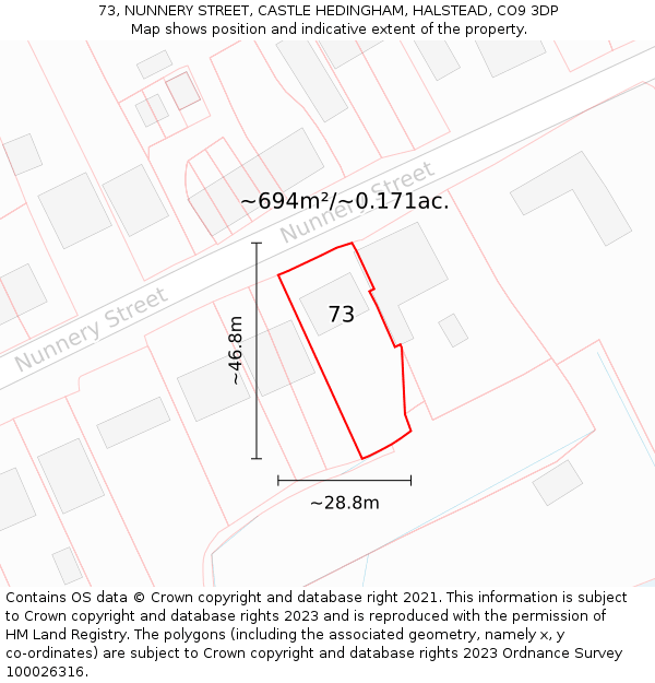 73, NUNNERY STREET, CASTLE HEDINGHAM, HALSTEAD, CO9 3DP: Plot and title map