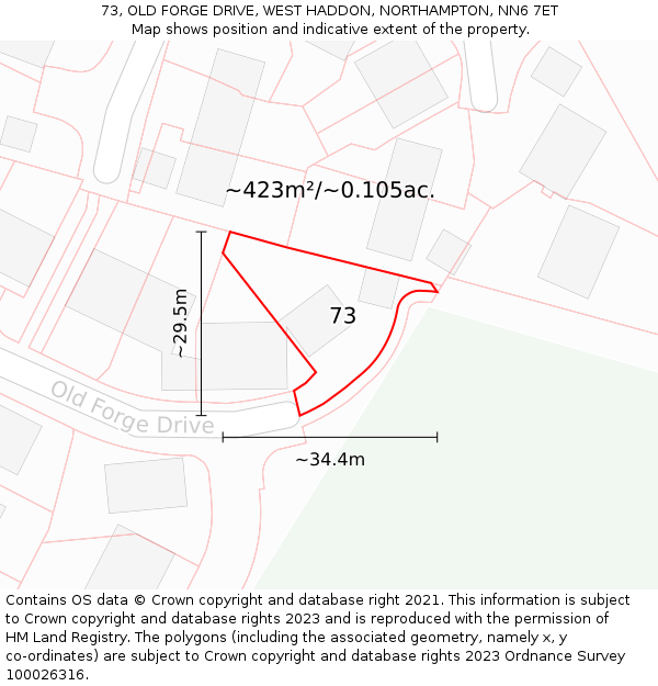 73, OLD FORGE DRIVE, WEST HADDON, NORTHAMPTON, NN6 7ET: Plot and title map