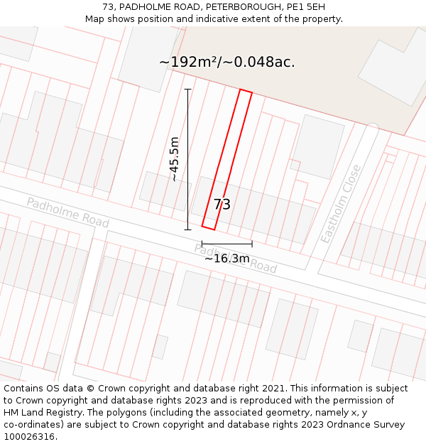 73, PADHOLME ROAD, PETERBOROUGH, PE1 5EH: Plot and title map