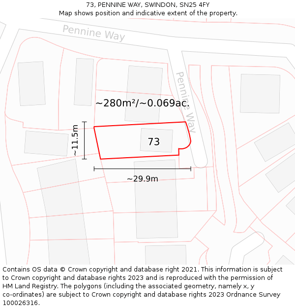 73, PENNINE WAY, SWINDON, SN25 4FY: Plot and title map