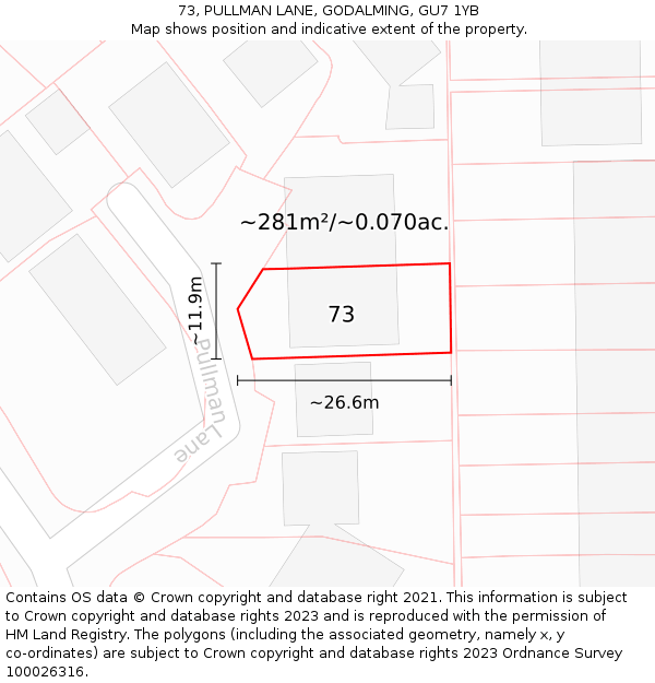 73, PULLMAN LANE, GODALMING, GU7 1YB: Plot and title map