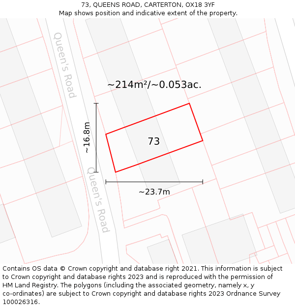 73, QUEENS ROAD, CARTERTON, OX18 3YF: Plot and title map