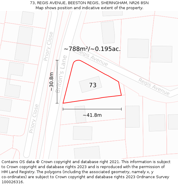 73, REGIS AVENUE, BEESTON REGIS, SHERINGHAM, NR26 8SN: Plot and title map