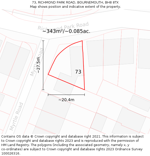 73, RICHMOND PARK ROAD, BOURNEMOUTH, BH8 8TX: Plot and title map