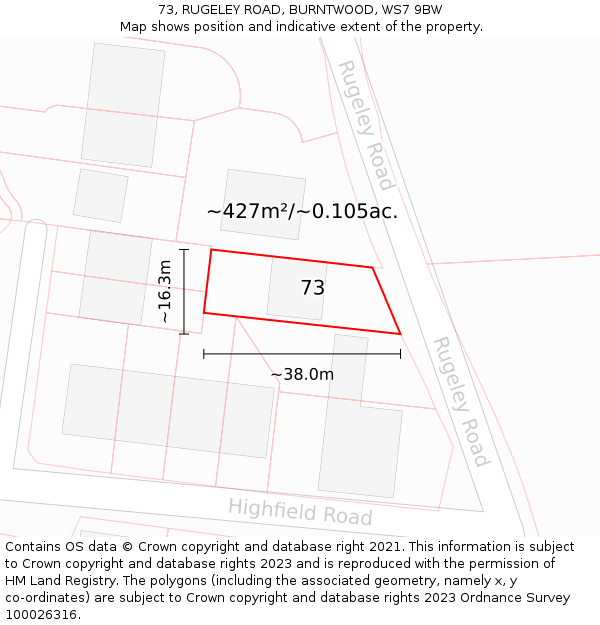 73, RUGELEY ROAD, BURNTWOOD, WS7 9BW: Plot and title map
