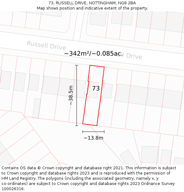 73, RUSSELL DRIVE, NOTTINGHAM, NG8 2BA: Plot and title map