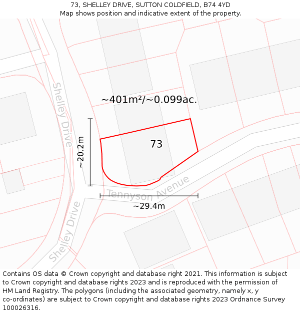73, SHELLEY DRIVE, SUTTON COLDFIELD, B74 4YD: Plot and title map
