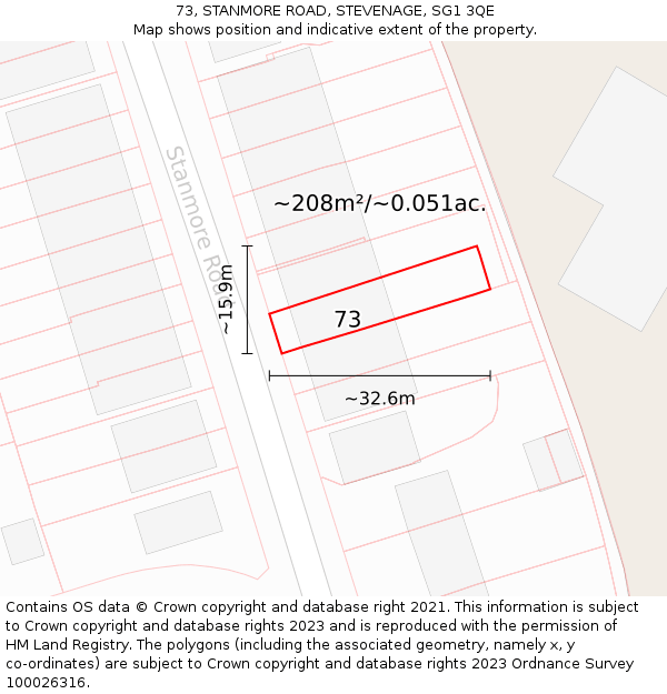 73, STANMORE ROAD, STEVENAGE, SG1 3QE: Plot and title map