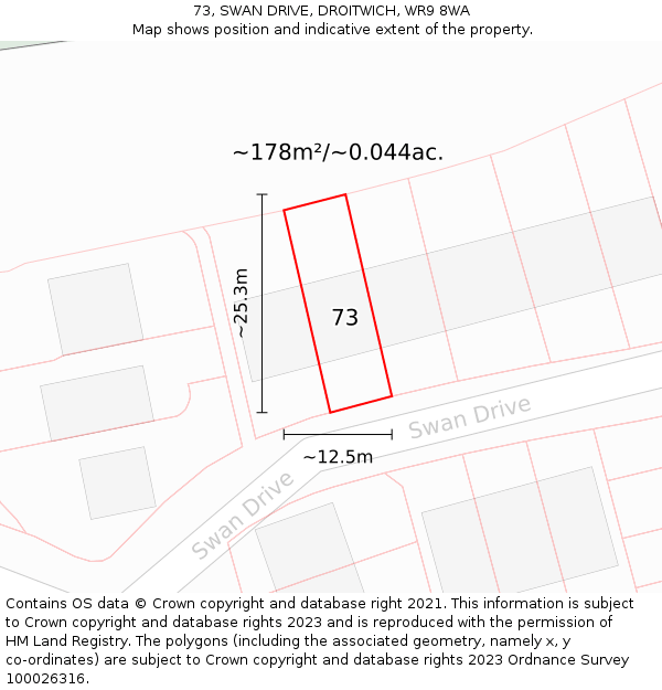 73, SWAN DRIVE, DROITWICH, WR9 8WA: Plot and title map