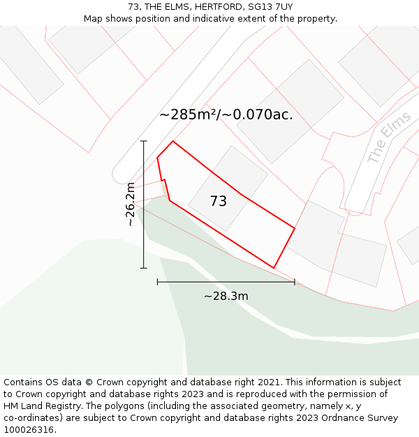 73, THE ELMS, HERTFORD, SG13 7UY: Plot and title map