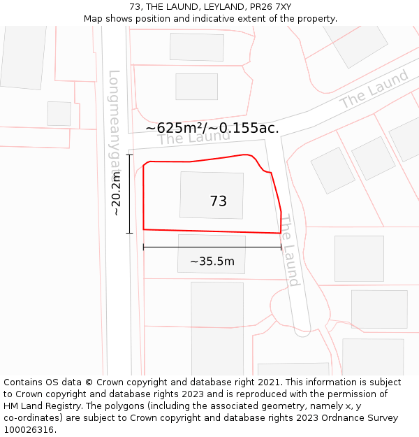 73, THE LAUND, LEYLAND, PR26 7XY: Plot and title map