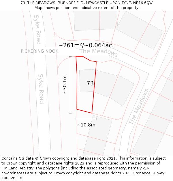 73, THE MEADOWS, BURNOPFIELD, NEWCASTLE UPON TYNE, NE16 6QW: Plot and title map