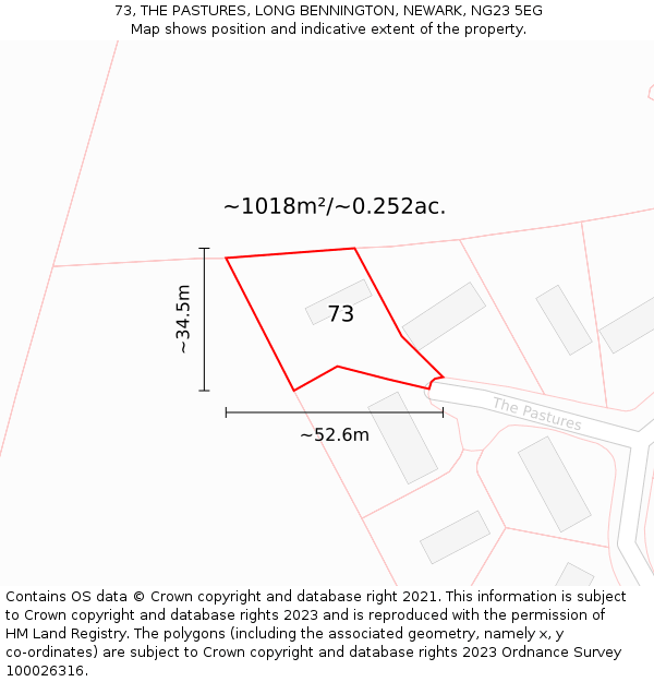 73, THE PASTURES, LONG BENNINGTON, NEWARK, NG23 5EG: Plot and title map