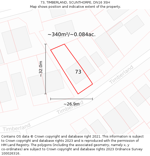 73, TIMBERLAND, SCUNTHORPE, DN16 3SH: Plot and title map