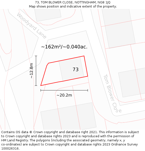 73, TOM BLOWER CLOSE, NOTTINGHAM, NG8 1JQ: Plot and title map