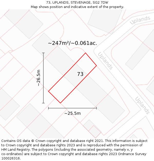 73, UPLANDS, STEVENAGE, SG2 7DW: Plot and title map