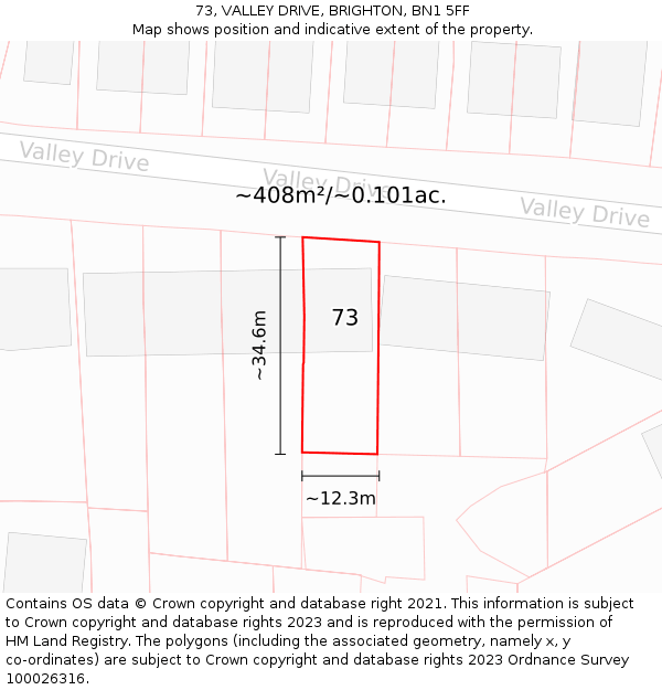 73, VALLEY DRIVE, BRIGHTON, BN1 5FF: Plot and title map