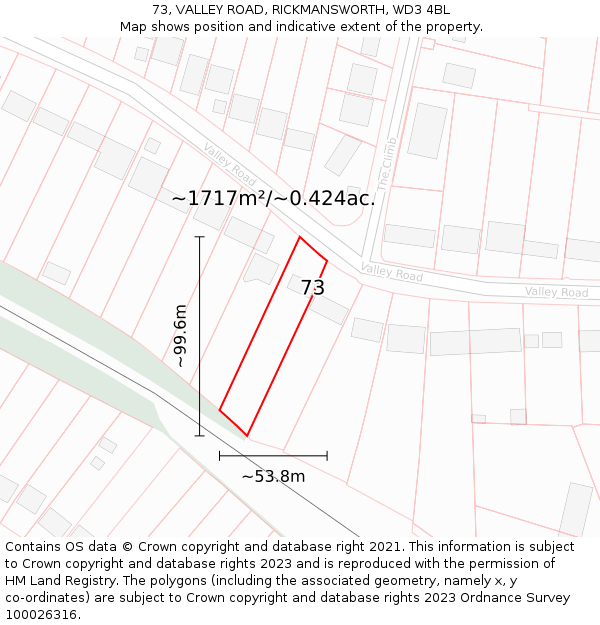 73, VALLEY ROAD, RICKMANSWORTH, WD3 4BL: Plot and title map