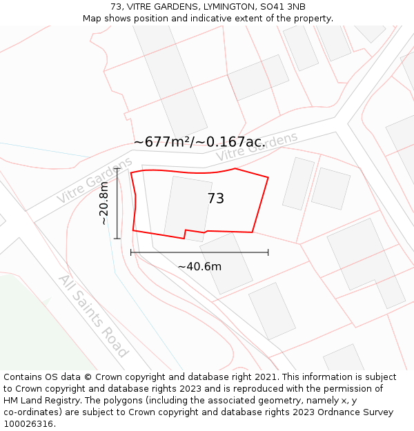 73, VITRE GARDENS, LYMINGTON, SO41 3NB: Plot and title map