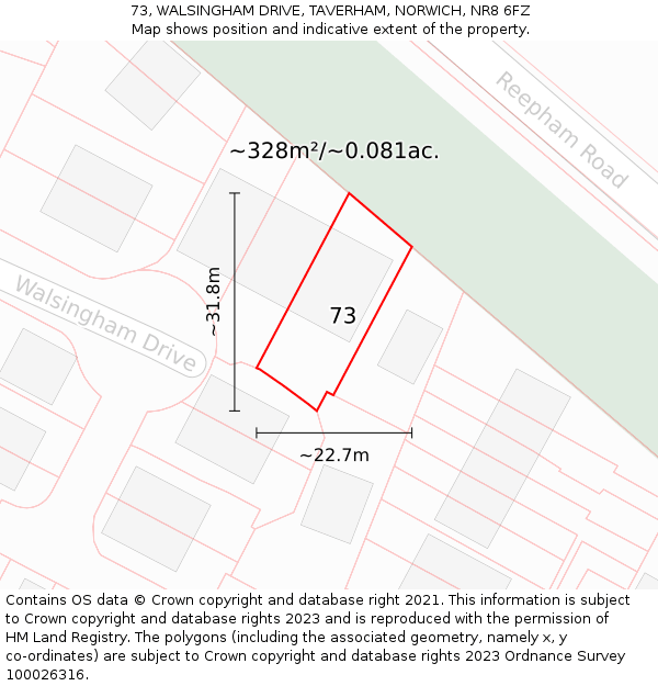 73, WALSINGHAM DRIVE, TAVERHAM, NORWICH, NR8 6FZ: Plot and title map