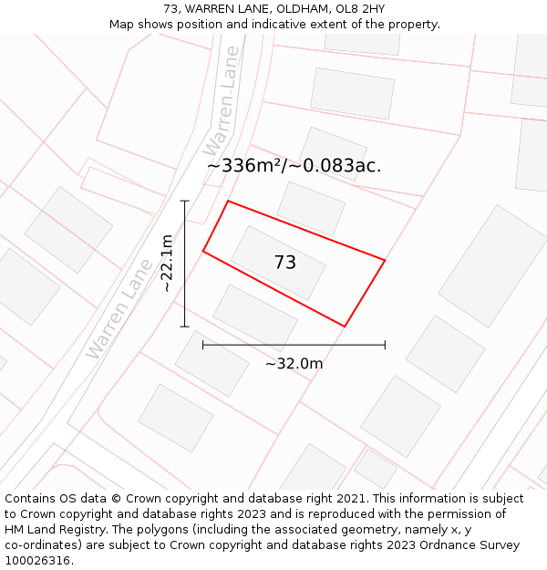 73, WARREN LANE, OLDHAM, OL8 2HY: Plot and title map