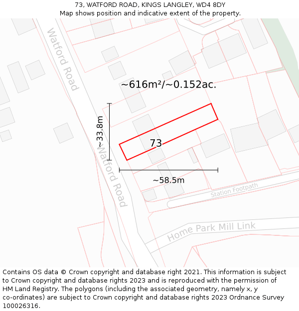 73, WATFORD ROAD, KINGS LANGLEY, WD4 8DY: Plot and title map
