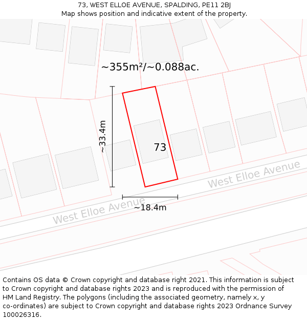 73, WEST ELLOE AVENUE, SPALDING, PE11 2BJ: Plot and title map