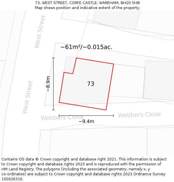 73, WEST STREET, CORFE CASTLE, WAREHAM, BH20 5HB: Plot and title map