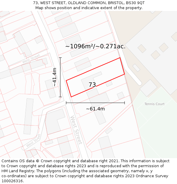 73, WEST STREET, OLDLAND COMMON, BRISTOL, BS30 9QT: Plot and title map
