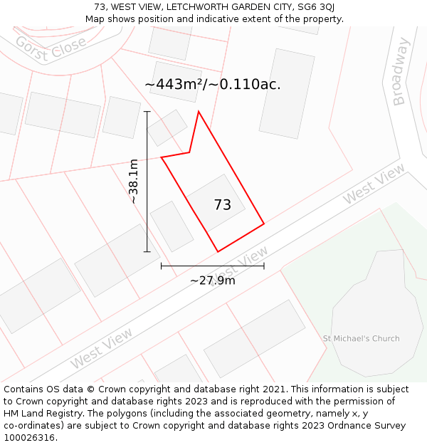 73, WEST VIEW, LETCHWORTH GARDEN CITY, SG6 3QJ: Plot and title map