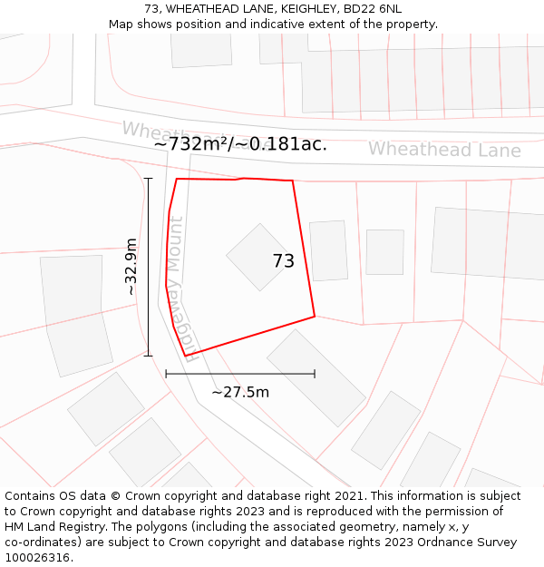 73, WHEATHEAD LANE, KEIGHLEY, BD22 6NL: Plot and title map