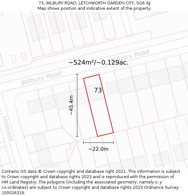 73, WILBURY ROAD, LETCHWORTH GARDEN CITY, SG6 4JJ: Plot and title map