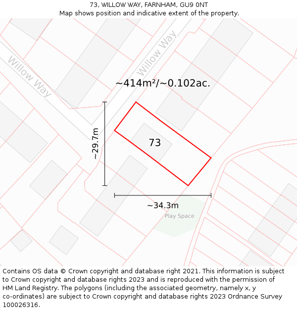 73, WILLOW WAY, FARNHAM, GU9 0NT: Plot and title map