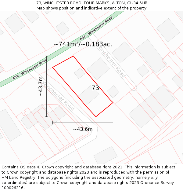 73, WINCHESTER ROAD, FOUR MARKS, ALTON, GU34 5HR: Plot and title map