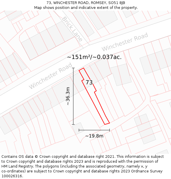 73, WINCHESTER ROAD, ROMSEY, SO51 8JB: Plot and title map