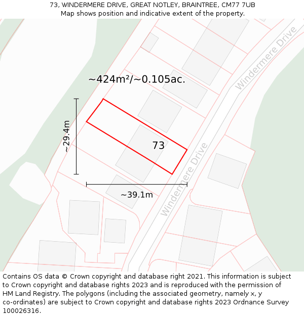 73, WINDERMERE DRIVE, GREAT NOTLEY, BRAINTREE, CM77 7UB: Plot and title map