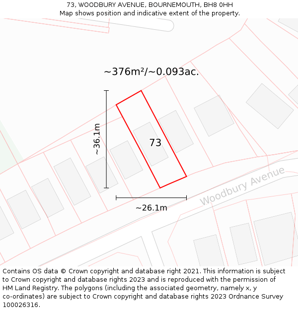 73, WOODBURY AVENUE, BOURNEMOUTH, BH8 0HH: Plot and title map