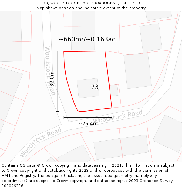 73, WOODSTOCK ROAD, BROXBOURNE, EN10 7PD: Plot and title map