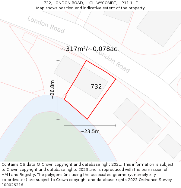 732, LONDON ROAD, HIGH WYCOMBE, HP11 1HE: Plot and title map