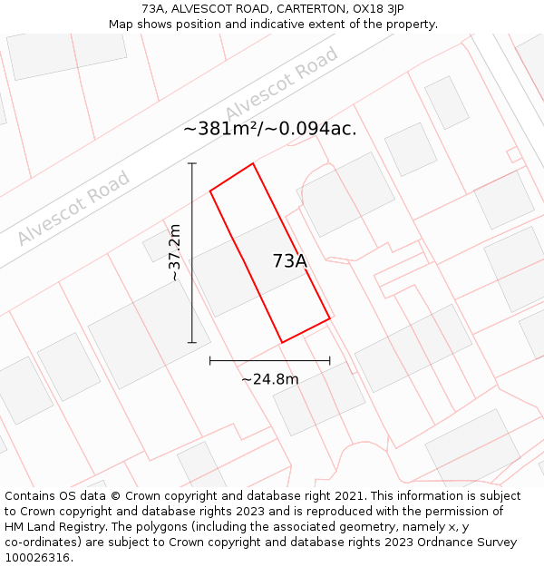 73A, ALVESCOT ROAD, CARTERTON, OX18 3JP: Plot and title map