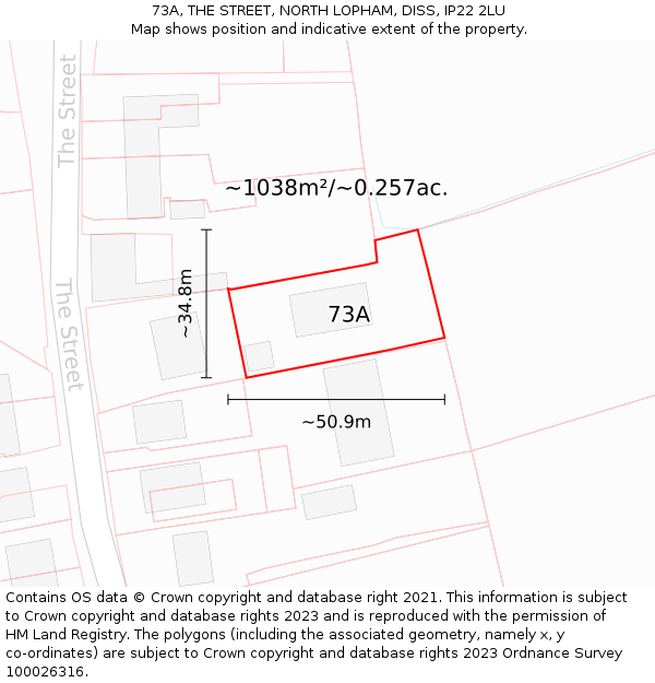 73A, THE STREET, NORTH LOPHAM, DISS, IP22 2LU: Plot and title map