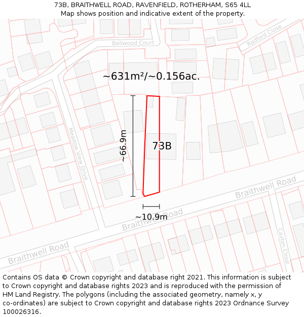 73B, BRAITHWELL ROAD, RAVENFIELD, ROTHERHAM, S65 4LL: Plot and title map