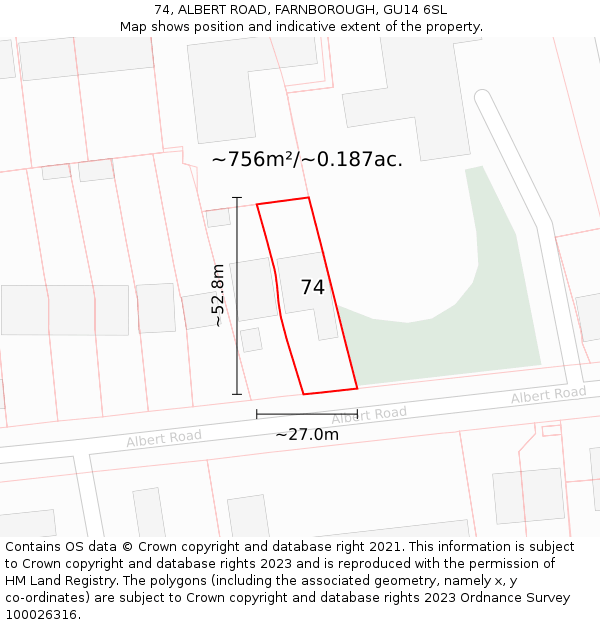 74, ALBERT ROAD, FARNBOROUGH, GU14 6SL: Plot and title map