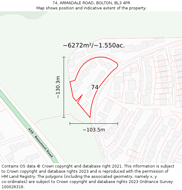 74, ARMADALE ROAD, BOLTON, BL3 4PR: Plot and title map