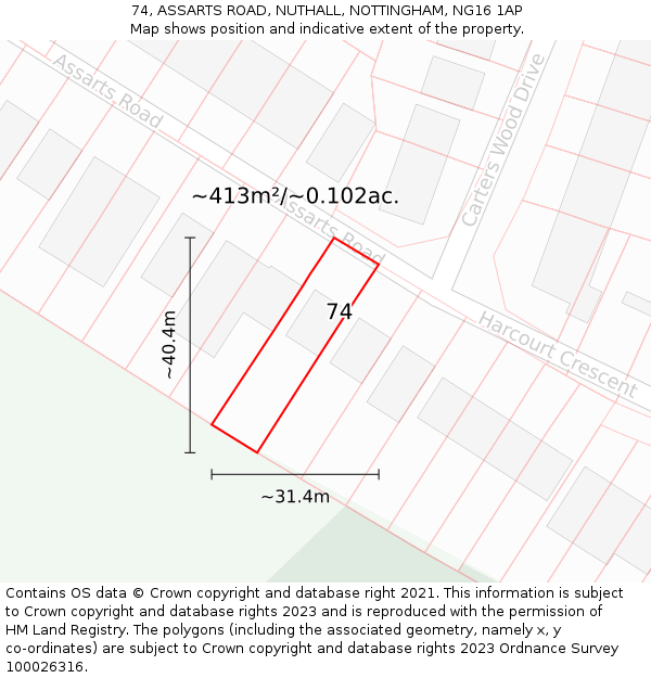 74, ASSARTS ROAD, NUTHALL, NOTTINGHAM, NG16 1AP: Plot and title map